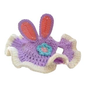Purple Bunny Ear Crochet Hat with Flower for Small Pet Cat Dog (S)